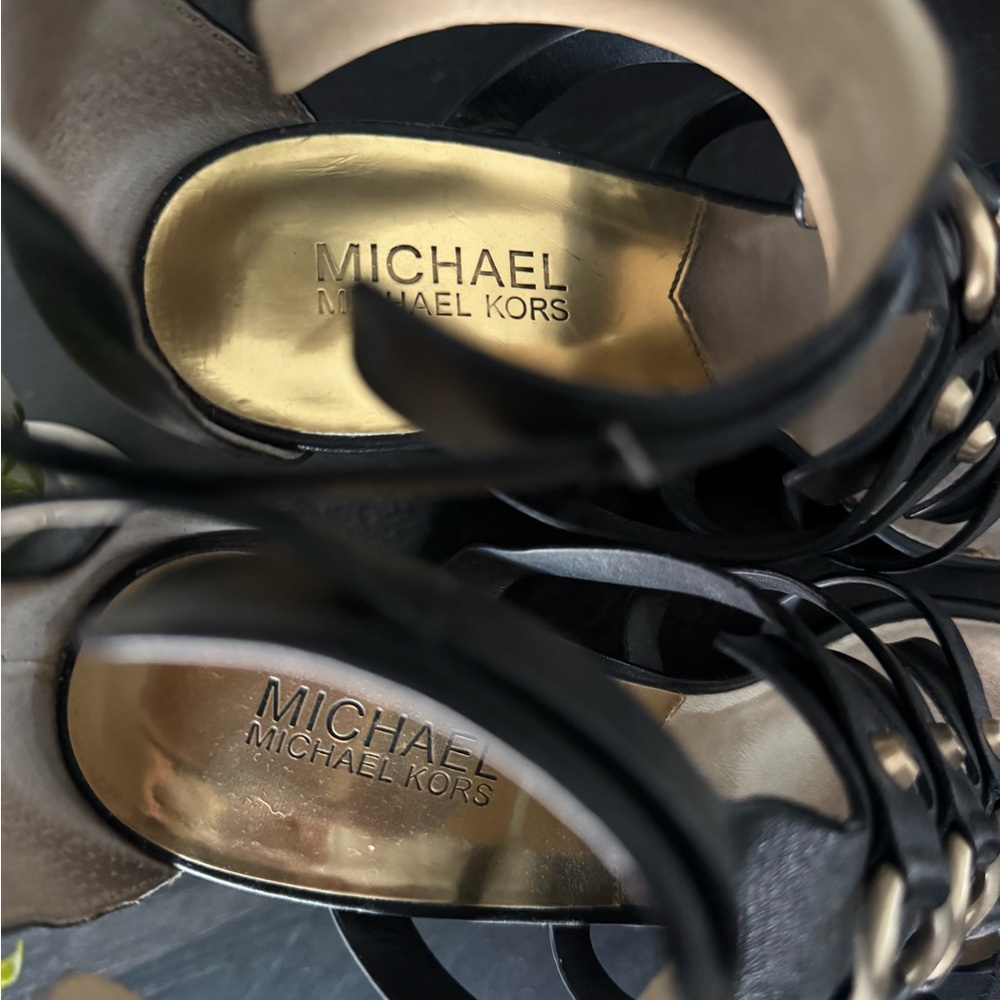 Michael Kors Black Gladiator Wedge Sandals with Gold Accents (Size 9) - Picture 3 of 3